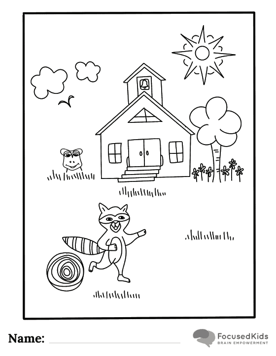 FocusedKids Coloring Page Download: Raccoon and School